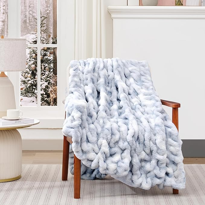 Touchat Ruched Faux Rabbit Fur Blanket, 700 GSM Luxury Dual-Sided Soft Cozy Blanket, Fuzzy Fluffy Plush Throw for Bed, Couch and Sofa - 60"x80", Tie-dye Blue
