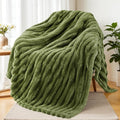 Exclusivo Mezcla Fleece Throw Blanket for Couch, Super Soft Striped Jacquard Bed Blanket, Lightweight Fuzzy Cozy for All Seasons, 50x60 Inches, Olive Green