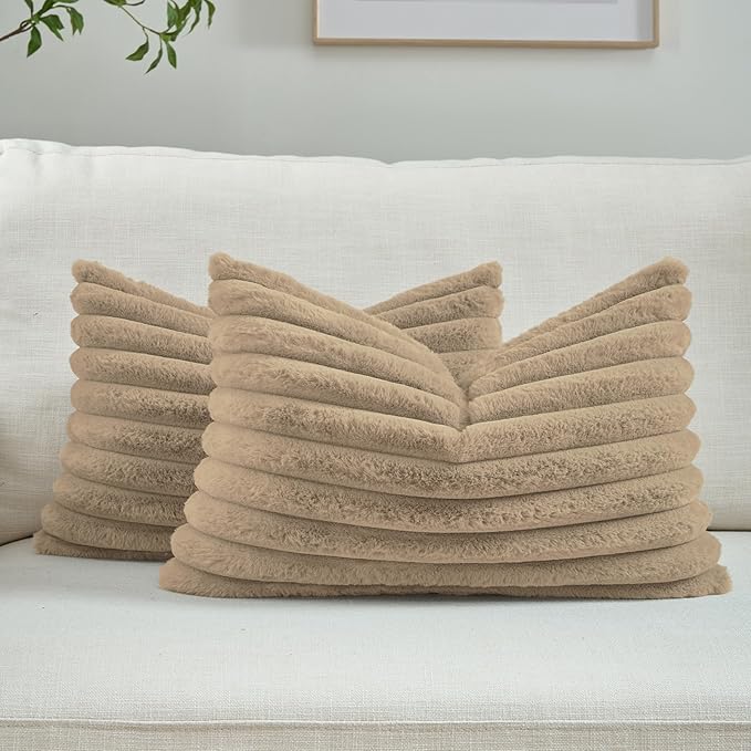 FUTEI Khaki Decorative Throw Pillow Covers Set of 2, 12x20 Inch Soft Fluffy Faux Fur Plush Striped Lumbar Pillowcases, Modern Home Decor for Couch Bed Living Room