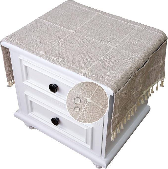 SIELUNO Nightstand Cover, Rectangle Bedside Tablecloth with Pockets and Tassel, Cotton Linen Waterproof Small Tablecloth TV Cabinet Washer Dryer Fridge Top Dust Cover-Coffee Large Plaids-16x36 Inch