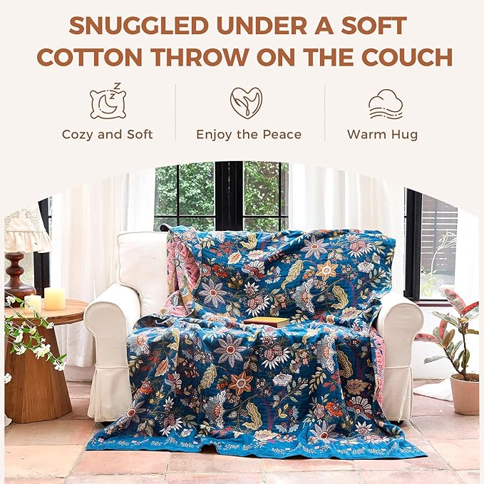 Boho Throw Blanket for Couch Sofa Chair Cotton Spring Blankets for Bedroom Living Room All Season Lightweight Reversible Floral Embroidery Throws 50"x60"