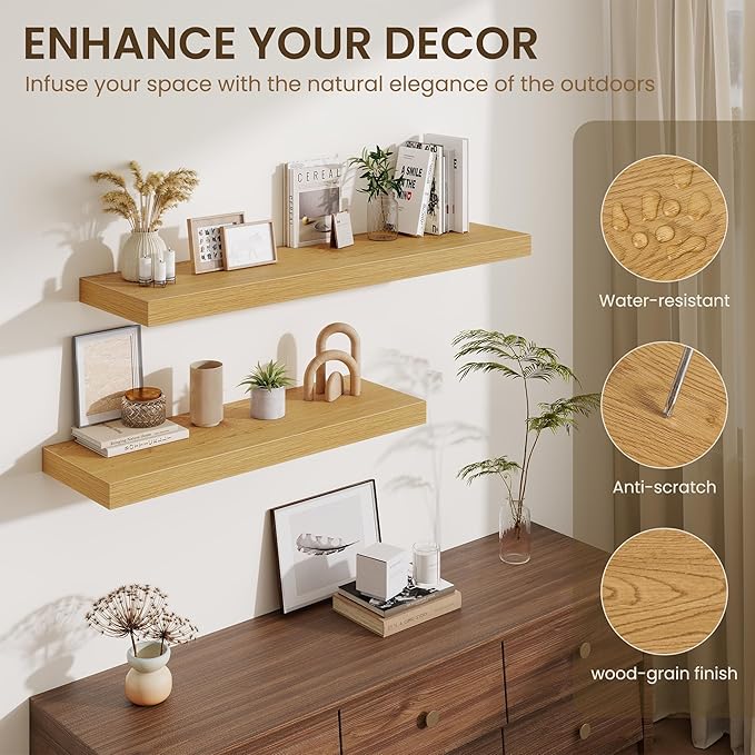 Fun Memories 24 Inch Floating Shelves Wall-Mounted, 12 Inch Deep Wall Shelves, 24 x 12 Floating Shelf, Deep Storage Shelf for Living Room Bathroom Bedroom, Oak, Set of 2