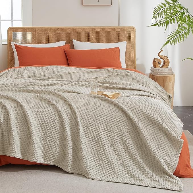 PHF Ultra Soft Waffle Weave Blanket Twin Size 66"x 90"- Washed Lightweight Breathable Cozy Woven Blanket for Bed - Aesthetic Decor for Couch Bedding Sofa Home Car - Light Khaki/Linen