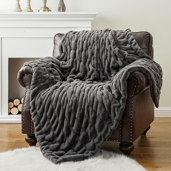 BATTILO HOME Luxury Grey Faux Fur Throw Blanket, Double Side Ruched Rabbit Fur Blanket for Couch, Bed, Cozy Soft Warm Blanket, 60x80 Inches