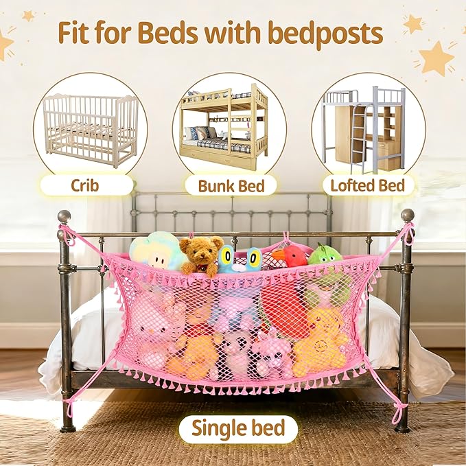 Stuffed Animal Storage Net, Large Bedside Toy Organizer Net, Cotton Plushie Toy Storage Hammock with Tether for Stuffed Animals Playroom Organization
