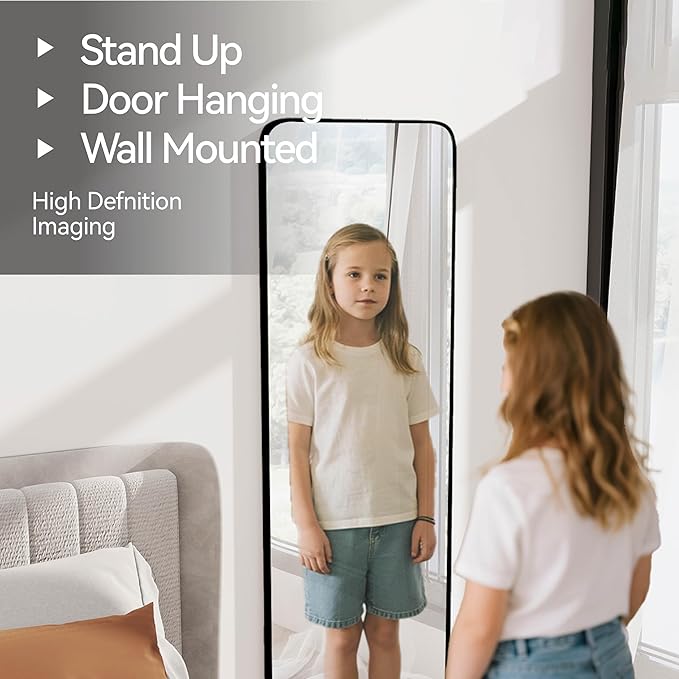 57x20 Door Hanging Full Length Mirror, Floor Stand (Height 5.7ft just Body in1.3ft) Wall Mounted Metal Frame Rectangle Dressing Mirrors for Bedroom Living Room 57 inch Black