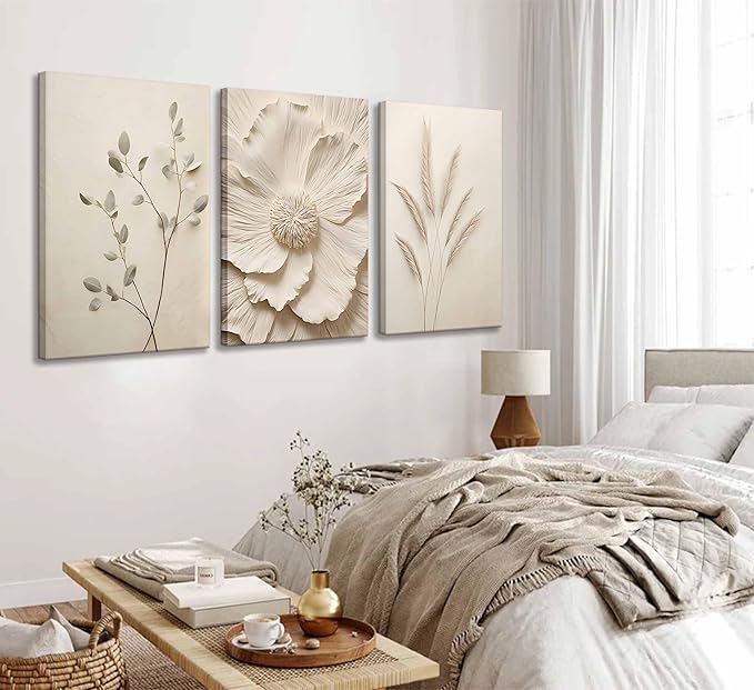 3Pcs Neutral Beige Floral Plant Canvas Wall art Textured Flower Botanical Painting Picture Wall Decor Vintage Blossom Poster Prints for Living Room Bedroom Bathroom Decoration