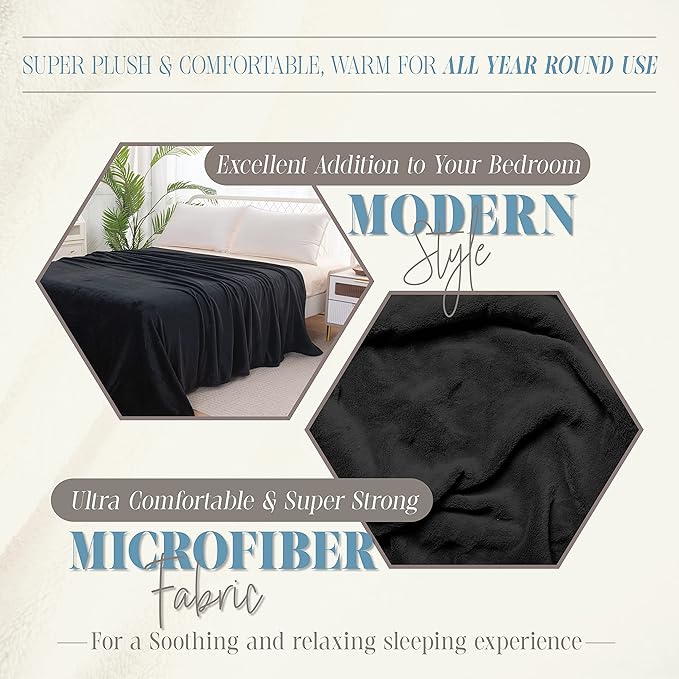 Elegant Comfort Luxury Velvety Feel Blanket, All-Season Lightweight Blanket, Ultra Plush, Soft, Cozy-Fuzzy Flannel Fleece for Couch, Sofa, Bed, Travel, Solid Design, King/California King, Black