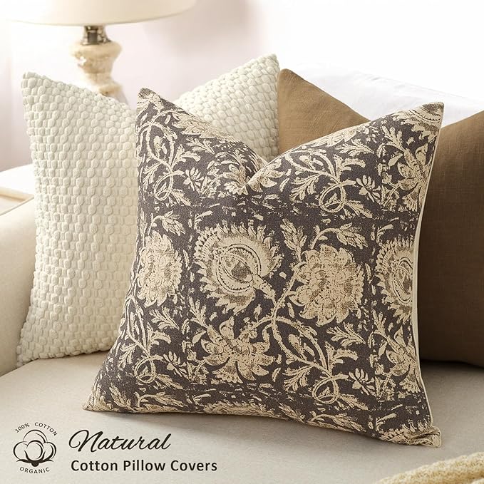 Vintage Floral Print Throw Pillow Covers 26x26 Set of 2 Neutral Modern Farmhouse Accent Decorative Cushion Covers Boho Home Decor for Couch Sofa Chair Bed Living Room, Rustic Gray