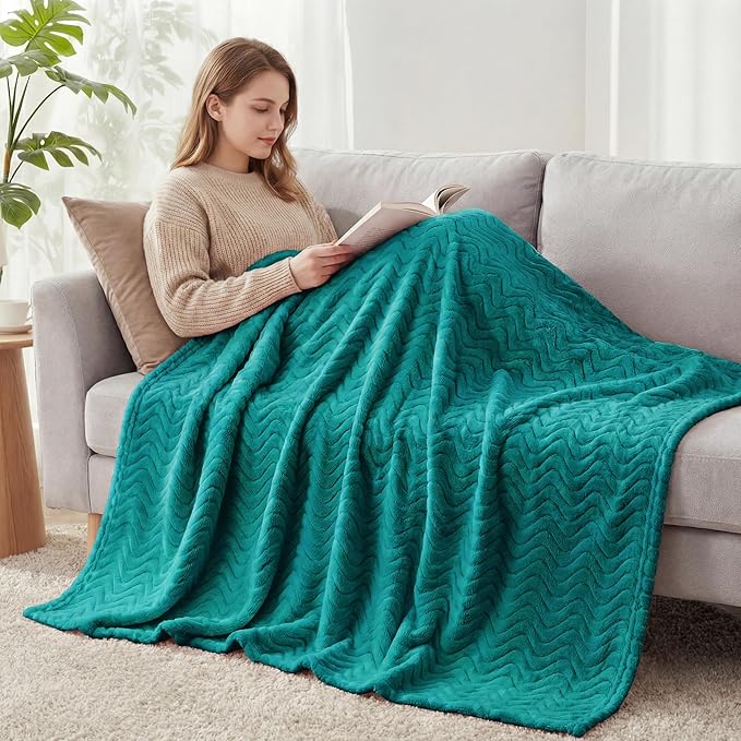 Exclusivo Mezcla Fleece Throw Blanket for Couch, Cozy Lightweight Blankets for All Season, Decorative Giftable Fuzzy Plush Wave Textured Throws for Women, Men, Teal, 50x70 Inches