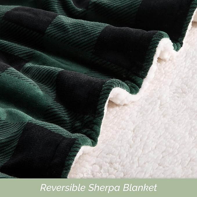 Elegant Comfort Ultra Soft Reversible Buffalo Plaid Flannel Sherpa Blanket - Cozy Silky Checkered Fleece Throw for Couch, Bed - Plush Fuzzy Warm Winter Blanket for Gift, Twin XL, Green