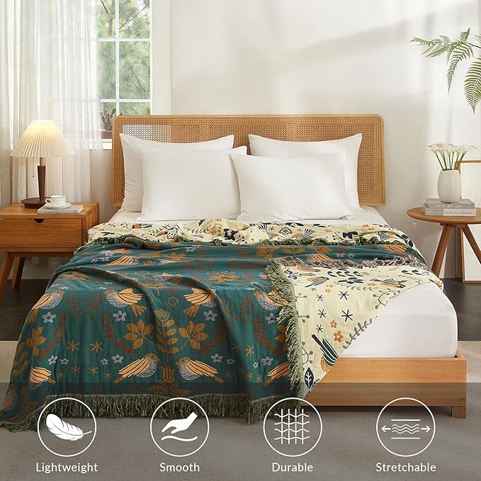 Boho Throw Blanket for Couch Sofa Bed, 100% Cotton Woven Quilt with Tassel 50”x60”, Super Soft Muslin Blanket with Bird Printed, Decorative Reversible Bed Blanket/Cover for All Seasons