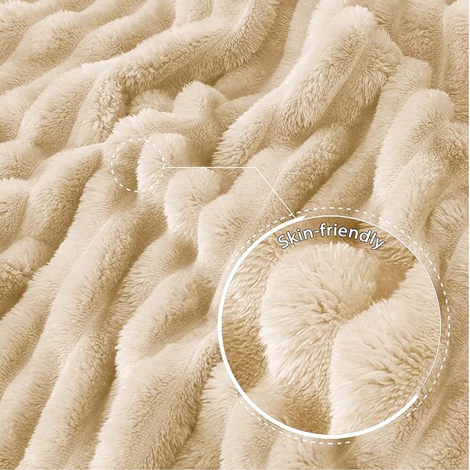 Exclusivo Mezcla Fleece Throw Blanket for Couch, Super Soft Striped Jacquard Bed Blanket, Lightweight Fuzzy Cozy for All Seasons, 50x60 Inches, Beige
