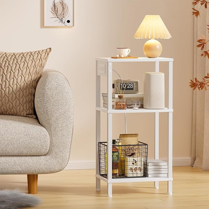 Tall End Table with Charging Station and USB Ports, 3 Tier Narrow Tall Bedside Table with Storage, Slim Nightstand with Outlets for Bedroom, Living Room, Nursery, Office, White