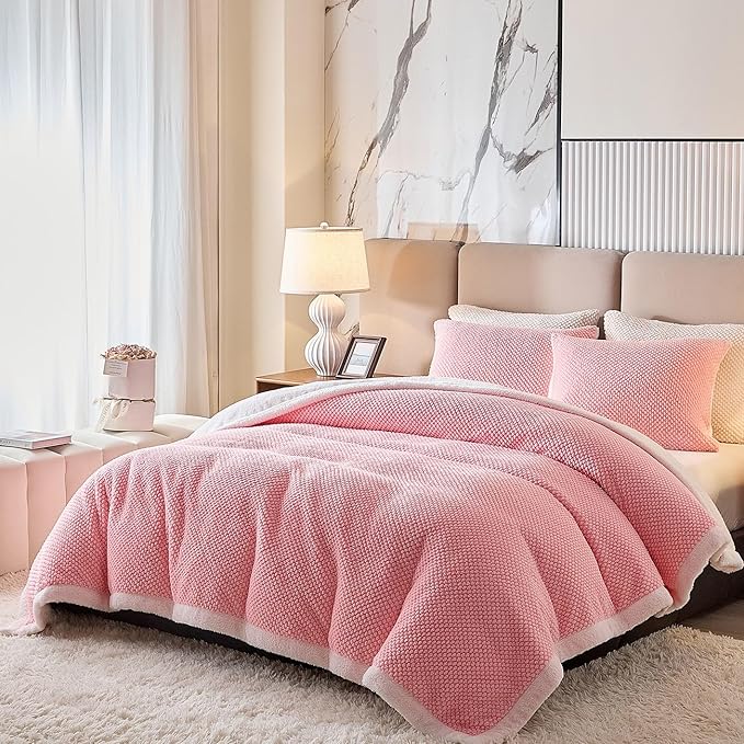 Luxury Flannel Fleece Sherpa Blankets King Size for Bed, Jacquard Boho 3-Layer Thick and Warm Blanket for Winter, Soft Cozy Fuzzy Plush Velvet Blanket with 2 Pillow Cases, Pink, 102x88 Inches