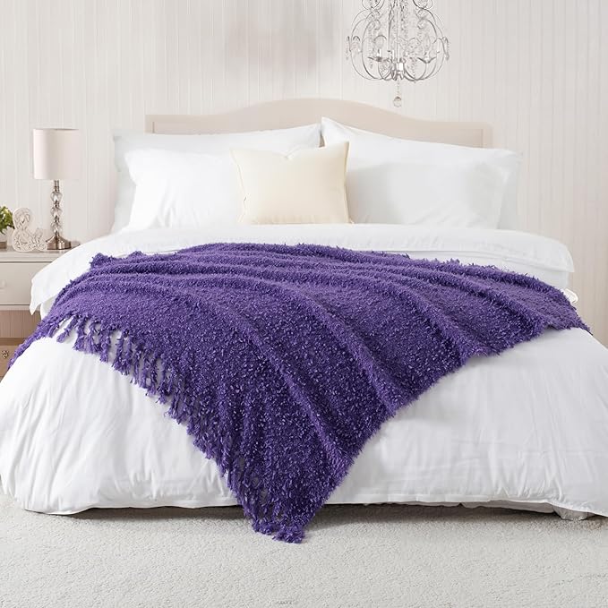 Winter Knit Throw Blanket Fluffy Fuzzy Soft Lightweight Cozy Farmhouse Tassels Chunky Knitted Throws for Couch Sofa Bed (Purple, 50"x60")