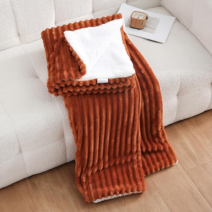 Burnt Orange Sherpa Fleece Throw Blanket 90”×90” for Couch Sofa Bed,Super Soft Cozy Plush Double Side Thick Flannel Blanket with Striped Design Lightweight for Adults,Woman,Girls