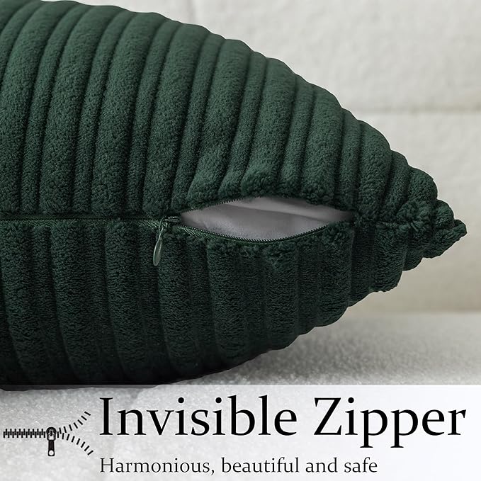 UGASA Velvet 20x20 Inch Soft Throw Pillow Cover Decorative Striped Corduroy Both Sides Solid Square Cushion Case Boho Farmhouse for Couch Bedroom Sofa Home, 1 Piece, New-Dark Green