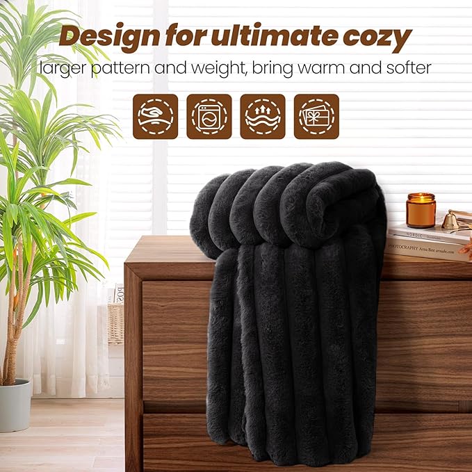 Faux Fur Throw Blanket for Couch, 850GSM Cozy Soft Plush Thick Striped Luxury Blanket for Sofa Living Room Bedroom,50 * 60 Inches, Black