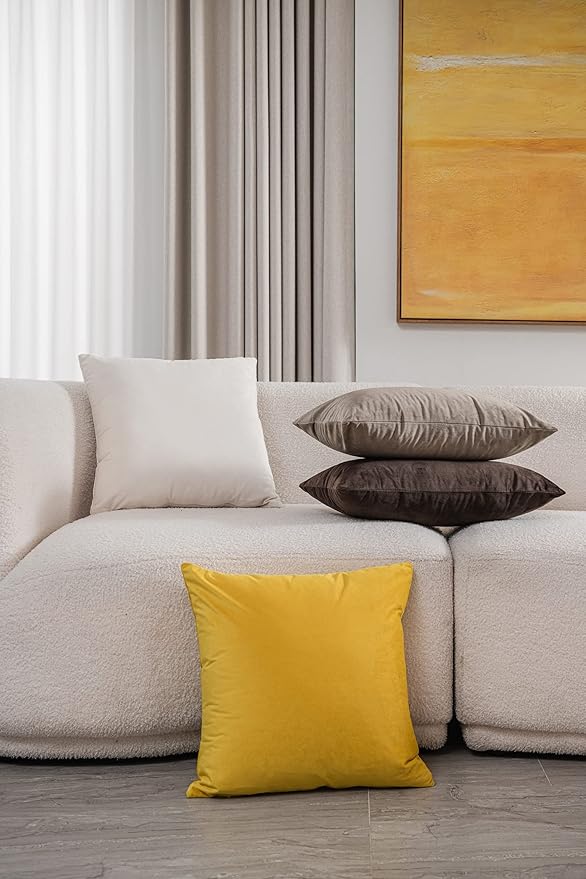 DEZENE Euro Sham Covers 26x26 Yellow: Pack of 2 Cozy Soft Velvet Square Modern Luxury Decorative Throw Pillow Cases for Sofa Couch Living Room Bed Home Decor