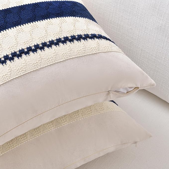 Fancy Homi Set of 2 Navy Blue Big Decorative Throw Pillow Covers 24x24 Inch for Couch Bed Sofa Living Room, Aesthetic Modern Organic Farmhouse Home Decor, Soft Cotton Woven Textured Cushion Case