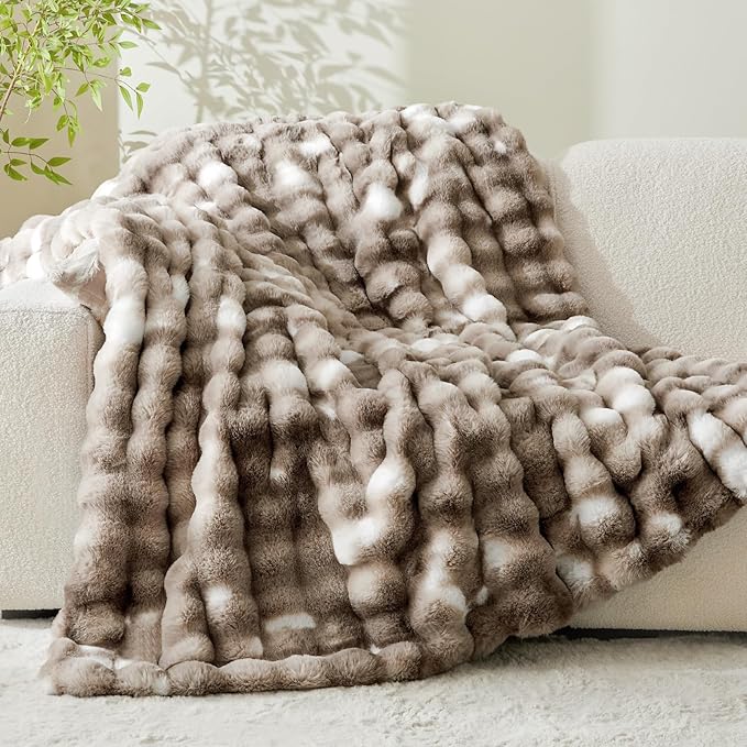 BEDELITE Faux Fur Throw Blanket for Couch, Decorative Tie-Dye Taupe Plush Bubble Blanket - Super Soft & Cozy Fluffy Faux Rabbit Fur Blanket for Women Gift, 50x60 Inches
