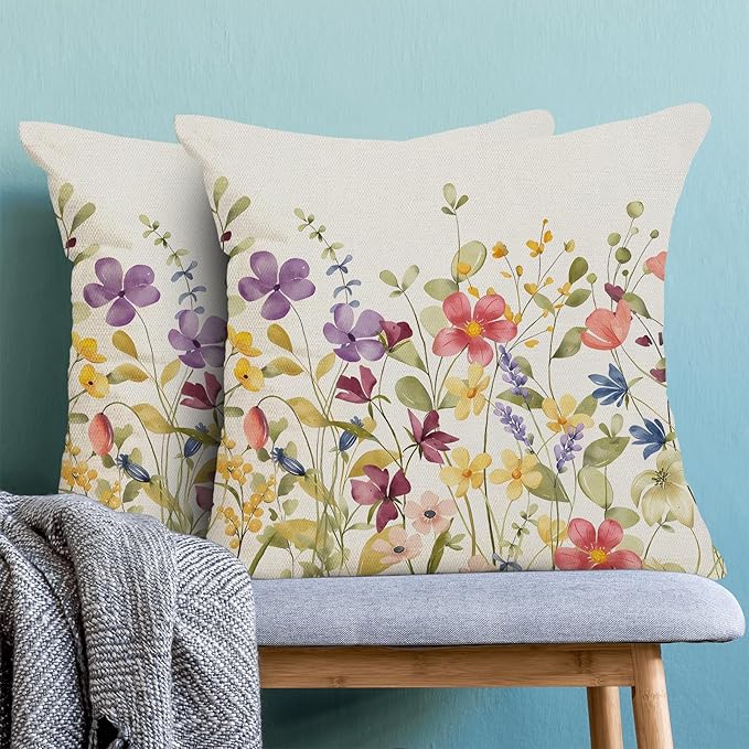 AEIOAE Spring Pillow Covers 24x24 Inch Set of 2, Colorful Wild Flower Leaves Plant Throw Pillows Case,Seasonal Floral Outdoor Decorative Farmhouse Decor Cushion Covers for Home Sofa Bed Couch