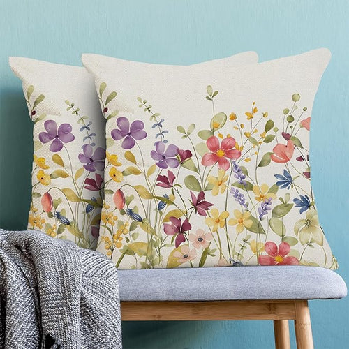 AEIOAE Spring Pillow Covers 24x24 Inch Set of 2, Colorful Wild Flower Leaves Plant Throw Pillows Case,Seasonal Floral Outdoor Decorative Farmhouse Decor Cushion Covers for Home Sofa Bed Couch