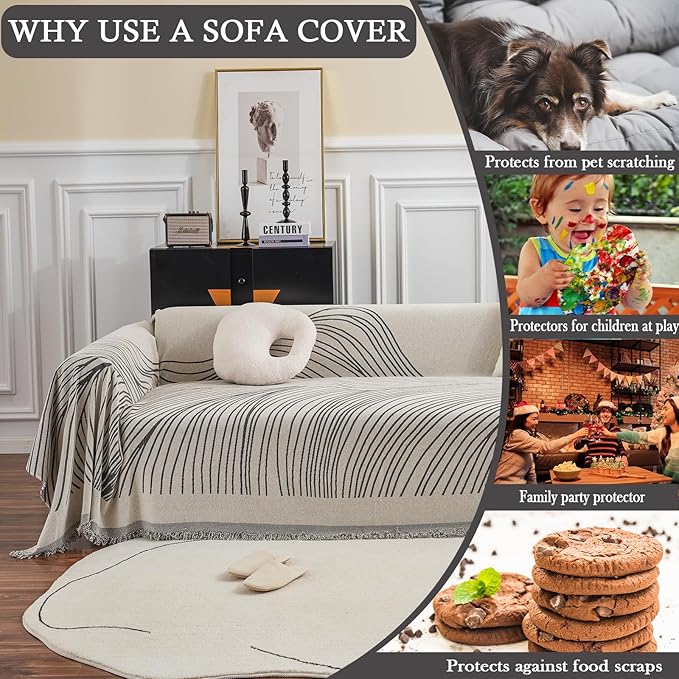 HANDONTIME Chenille Sofa Covers Simple Striped Dog Couch Cover Beige Grey Sofa Covers Mountain Geometric L Shaped Couch Cover Farmhouse Sectional Couch Covers Pet Furniture Protector, 71" x 118"