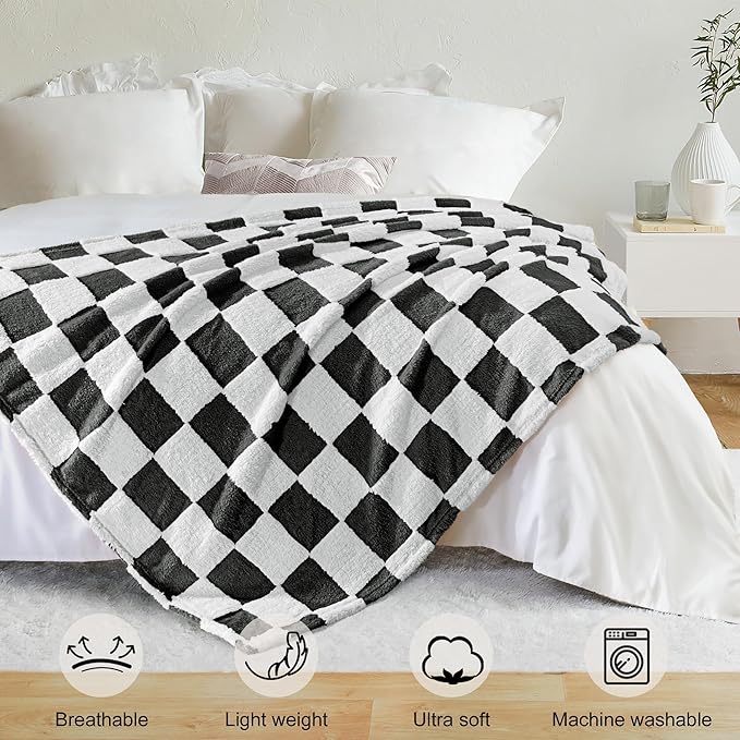 Exclusivo Mezcla Fleece Blanket Twin Size, Cozy Lightweight and Fuzzy Checkered Blankets for Couch or Bed, Suitable for All Seasons, Black, 60" x 80"