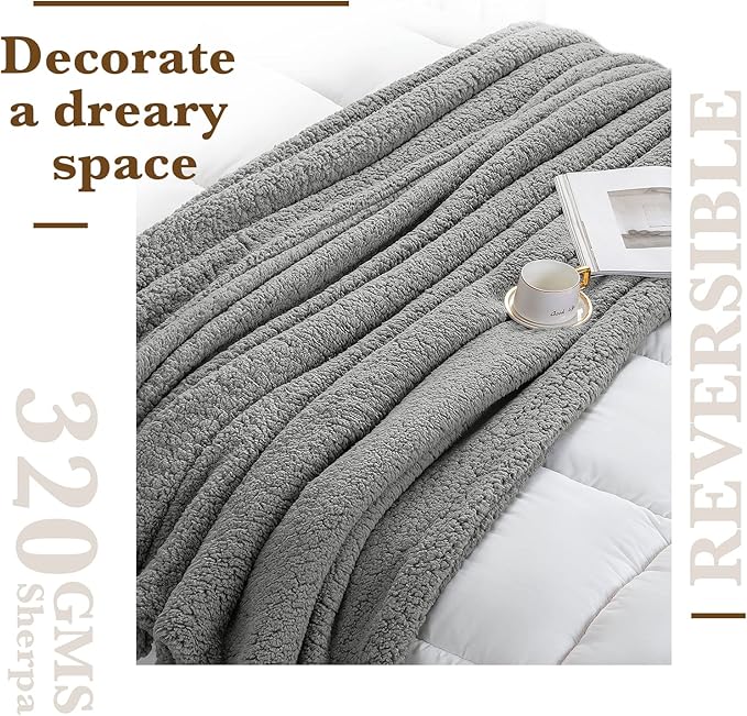 LBRO2M Double Sided Sherpa Blanket,King Size Super Soft Fuzzy Plush Warm Cozy Fluffy Throw Reversible Luxurious Blankets (Grey)