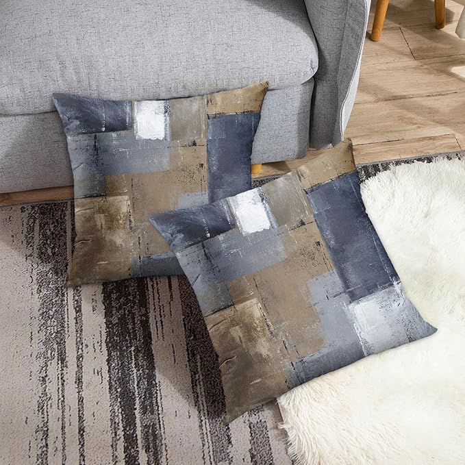 Britimes Throw Pillow Covers Modern Home Art Decor, 16 x 16 Inches Set of 2 Pillow Cases Decorative, Abstract Oil Painting Pillowcases for Bedroom, Living Room, Cushion Couch Sofa, Brown Blue