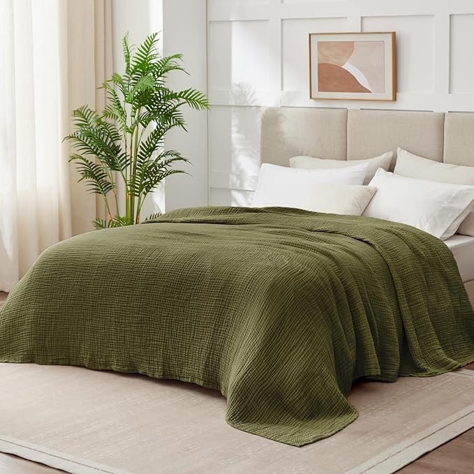 100% Cotton Muslin Blanket Queen 90" x 90", Breathable and Lightweight Cotton Throw Blanket for Bed, Soft Cooling Summer Gauze Blanket for Adults All Season, Olive Green