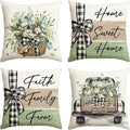 AVOIN colorlife Home Sweet Home Farmhouse Eucalyptus Leaves Throw Pillow Covers, 16 x 16 Inch Truck Stripes Buffalo Plaid Cushion Case Decorations Set of 4