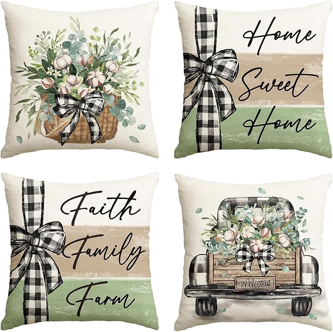 AVOIN colorlife Home Sweet Home Farmhouse Eucalyptus Leaves Throw Pillow Covers, 16 x 16 Inch Truck Stripes Buffalo Plaid Cushion Case Decorations Set of 4