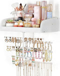 Keebofly Wall Mounted Jewelry Organizer 7-in-1 with Large Stepped Rustic Whitewood Shelves - Iron Jewelry Holder for Earring, Necklace, Bracelet Storage + Makeup/Perfume/Nail Polish Display
