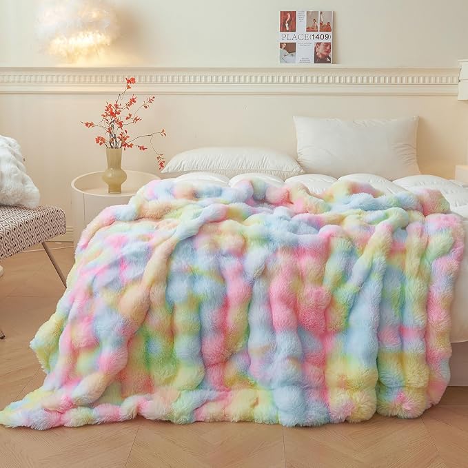 LIFEREVO Fluffy Faux Rabbit Fur Bubble Blanket, Tie Dye Plush Shaggy Throw Couch Sofa, Cozy Comfy Furry Big Bed Blanket Adults Kids Girls, Aesthetic Fuzzy Throw for Bedroom Living Room, 60x90, Rainbow