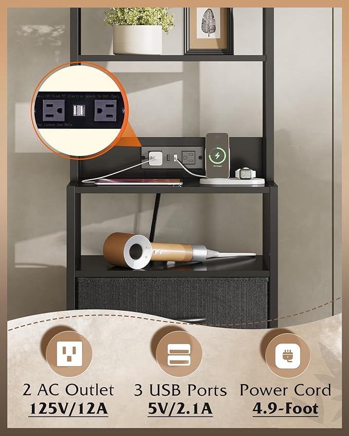 WLIVE Tall Nightstand with Charging Station, LED Night Stand with 4 Drawers and Storage Open Shelves, Fabric Dresser for Bedroom, Living Room, Office, Black