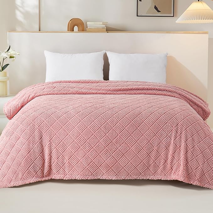 Whale Flotilla Fuzzy Fleece Twin Size Blanket for Bed, Soft Fluffy Jacquard Waffle Blankets for All Season, Lightweight and Warm, 60x80 Inch, Pink
