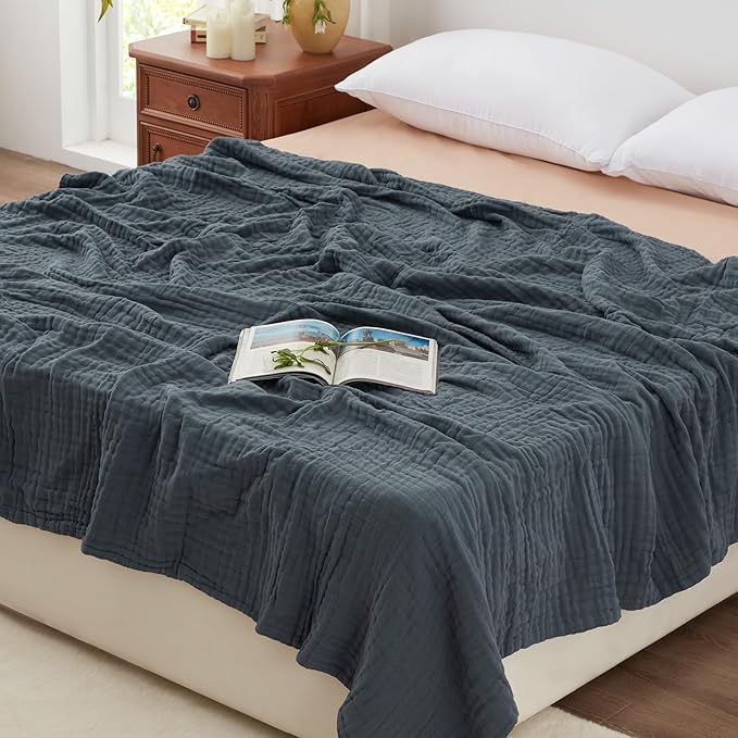 Love's cabin 100% Cotton Muslin Blanket, 6 Layer Lightweight Breathable Gauze Queen Size Blanket 90 x 90 Inches, Soft All Season Blanket for Bed, Dark Grey