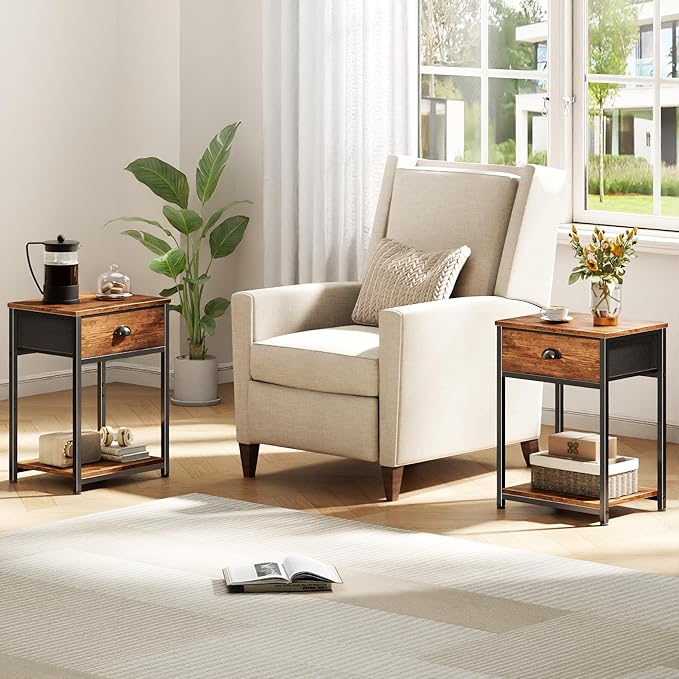 Furologee Nightstands Set of 2, Night Stand with Fabric Drawer and Storage Shelf, Retro Bedside Sofa Tables for Small Place, End Side Tables Living Room Bedroom, Rustic Brown