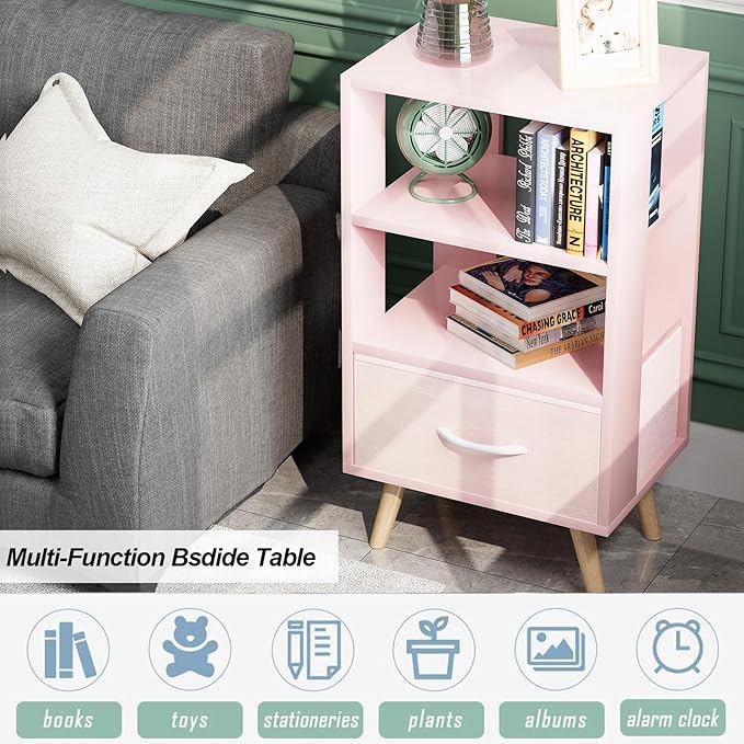 Night Stand, Pink Nightstand with Drawer, Side Table with Open Storage, 3-Tier Modern End Table, Bedside Table for Small Space, Living Room, Bedroom