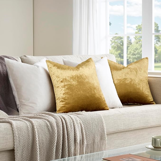 GIGIZAZA Velvet Pillow Covers 20x20,Ivory Gold Soft Throw Pillow Covers Set of 4 Square Decorative Modern Pillows Covers for Living Room