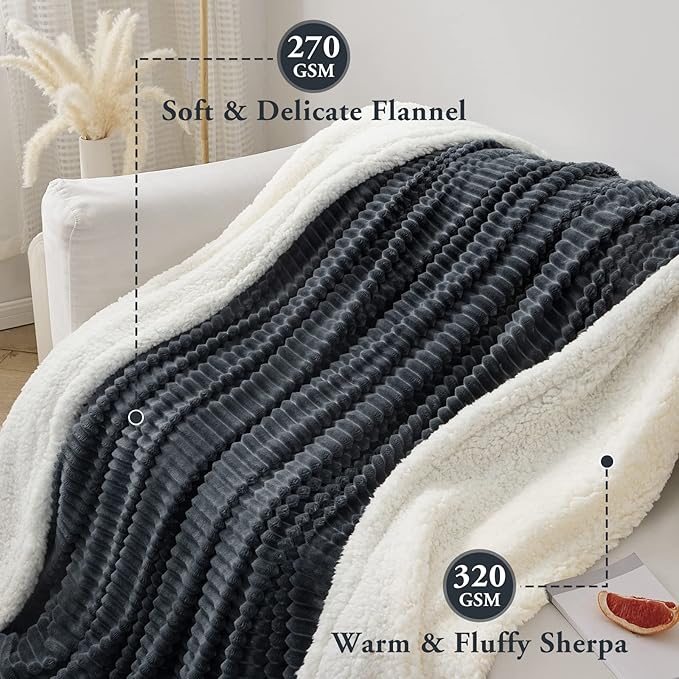 LBRO2M Striped Sherpa Fleece Bed Blanket Twin Size, Super Soft Fuzzy Plush Warm Cozy Fluffy Microfiber Couch Throw Velvet Double Reversible Luxurious Blankets (65x90), Dark Grey