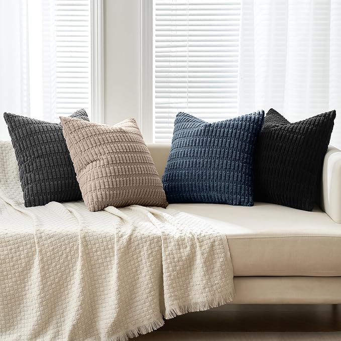 MIULEE Pack of 4 Modern Coastal Western Corduroy Decorative Throw Pillow Covers 18x18 Inch Soft Striped Pillow Covers Home Decor for Sofa Living Room Couch Bed Black and Blue