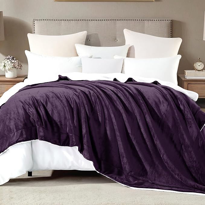 Mocassi Premium Ultra-Soft Flannel Fleece Sherpa Throw Blanket - Warm Cozy Reversible Plush Micromink Blanket for Couch, Bed and Sofa - Fluffy, Christmas Winter Bedding Gift, Twin XL, Purple