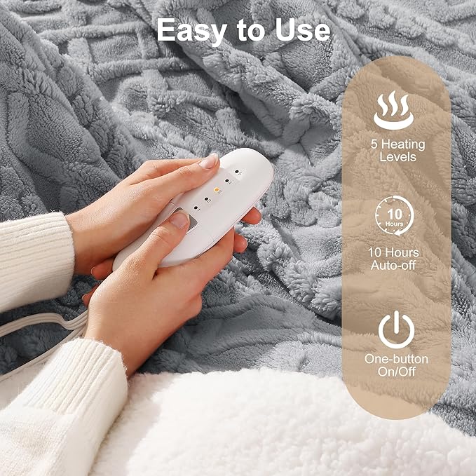 Electric Blanket Twin Heated Blanket 62''X84'' with 5 Heating Levels & 10 Hours Auto Off, ETL& FCC Certification Dual Sherpa Twin Heating Blanket Washable for Home/Office/Bed, Great Gift(Dark Gray)