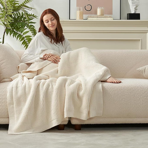 Amélie Home Reversible Waffle Weave Throw Blanket, Chenille Knit with Warm Sherpa, Soft Cozy Blanket for Couch, 50"x60", Ivory