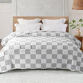 Exclusivo Mezcla Fleece Blanket Queen, Cozy Lightweight Fuzzy Checkered Blanket for Bed, Suitable for All Seasons, Light Grey, 90" x 90"