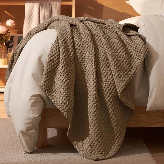 PHF Ultra Soft Waffle Weave Throw Blanket 50"x 60"- Washed Lightweight Breathable Cozy Woven Blanket for Bed - Aesthetic Decor for Couch Bedding Sofa Home Car - Mocha